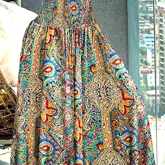 MULTICOLOR BLUE, RED, GOLD AND GREY PAISLEY L WIDE SMOCKED WAIST MAXI SKIRT - Picture 1 of 3
